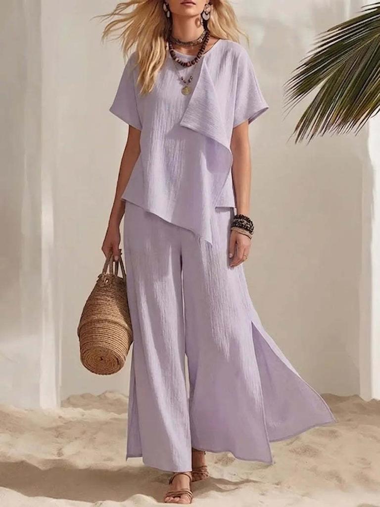 Women's Summer New Fashion Casual Irregular Short Sleeve Top Wide Leg Pants Set
