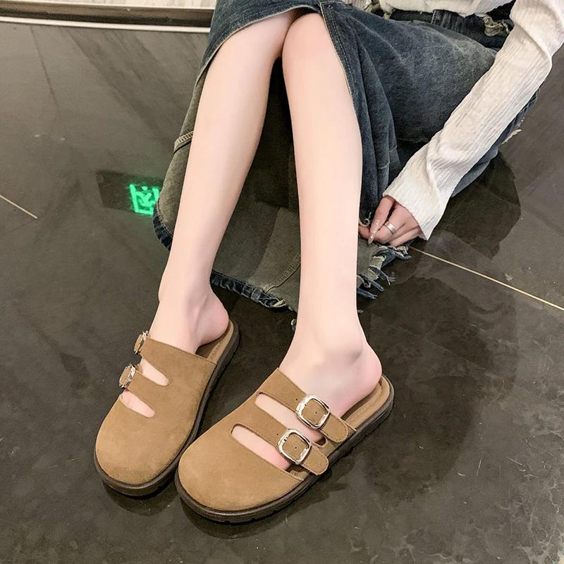 Fashion Women's Suede Mules 2024Spring and Autumn New Thick-soled Flat Shoes Boston Sandals Fashionable Slip-on Beach Women's Soft Shoes