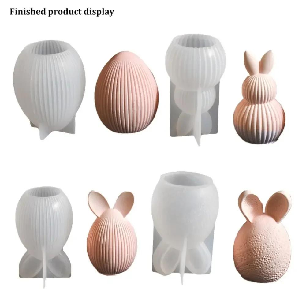 Kreativ Påskljusform Silikon Ägg Kanin Gipsform 3D Randigt Ägg DIY Kaninprydnad Hantverk Heminredning