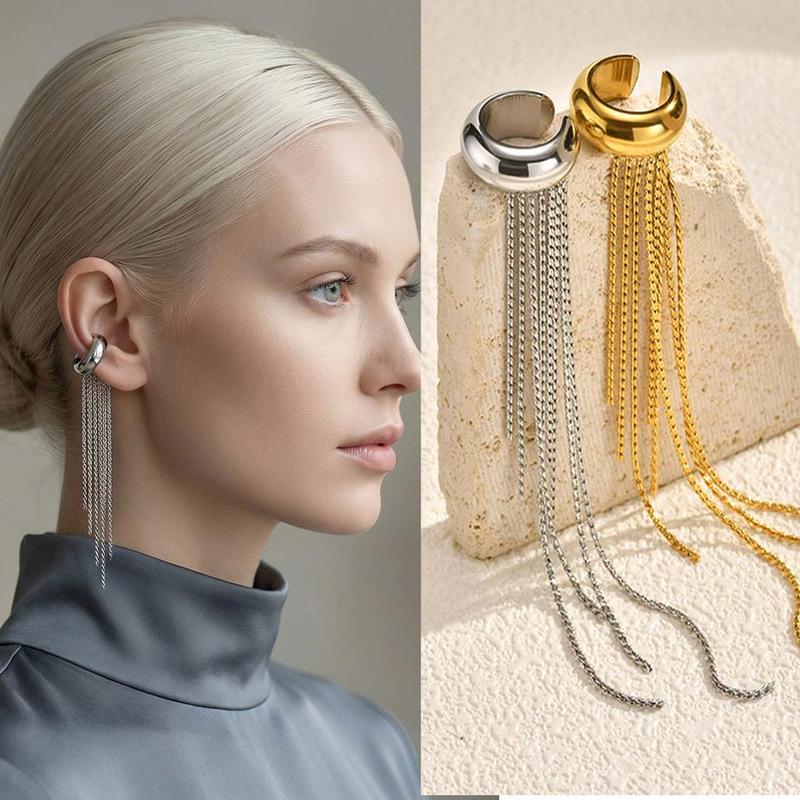 Women's Fringe Earrings No Piercing Required Long Chain Earrings for Women Stainless Steel Clip-On Earrings
