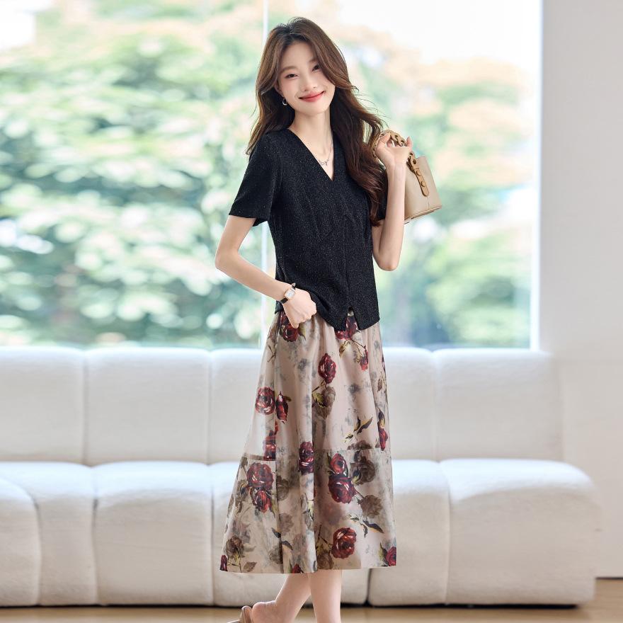 Women's Fashion Suit Skirt Summer New Short-sleeved Sequined Top Shirt with Skirt Two-piece Set
