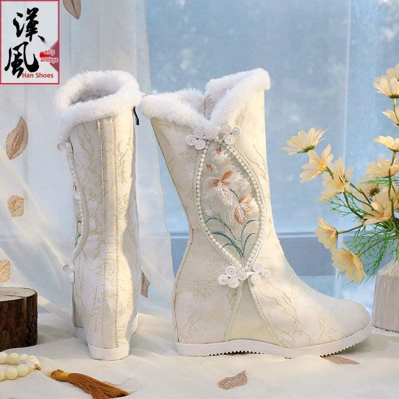 Vyšívané zimní Hanfu kozačky po kolena: Etnický styl, Plyšová bavlna, Vnitřní zvýšení výšky