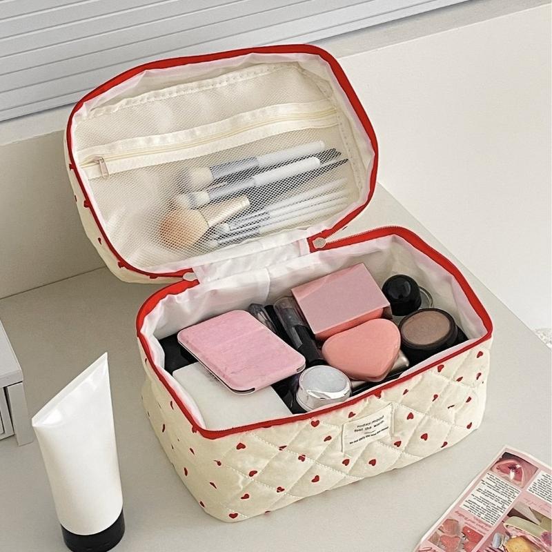 Cute Corduroy Heart Cosmetic Bags for Women Large Capacity Makeup Bag Travel Organizer