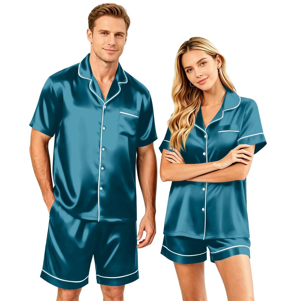 Couples Satin Pajama Set Short Sleeve Button Down Shirt and Shorts Sleepwear Soft Lightweight Loungewear S-XXXXL