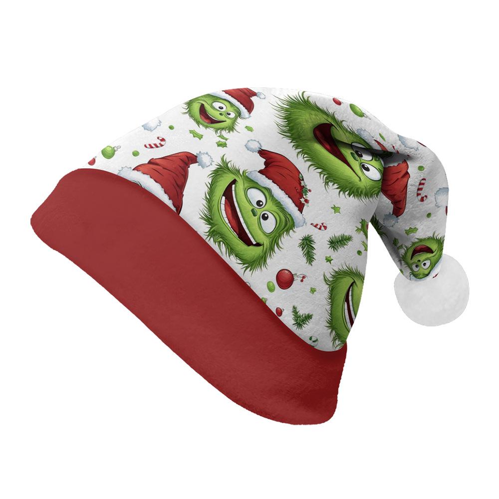 2024 Christmas Double-Sided Plush Hat with Holiday Print for Adults and Children