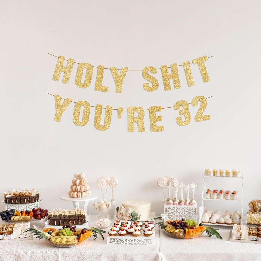 Pre-Strung Holy S You're 32 Gold Glitter Banner, Happy 32nd Birthday Decorations for Women, 32 Year Old Party Decor for Men