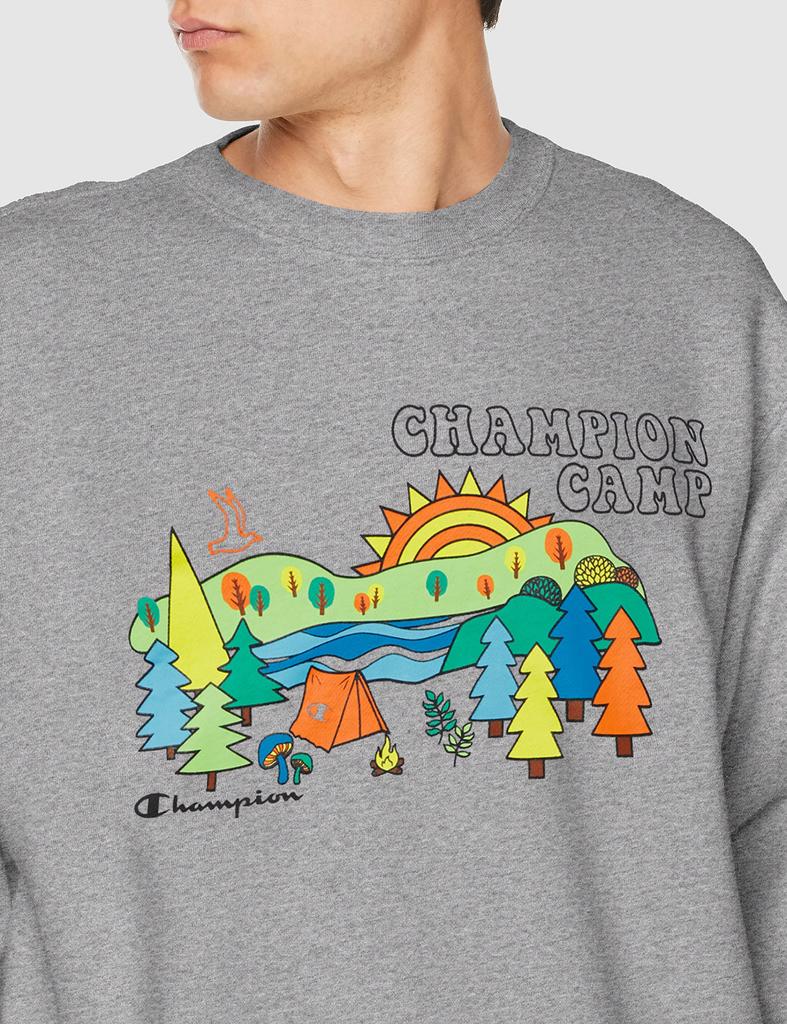Champion Long Sleeve Crew Neck Brushed USA Camp Motif Graphic Relaxed Oxford Size XL Men's Sweatshirt, Cotton, Fleece, Print, Fit, Oversized, Gray,