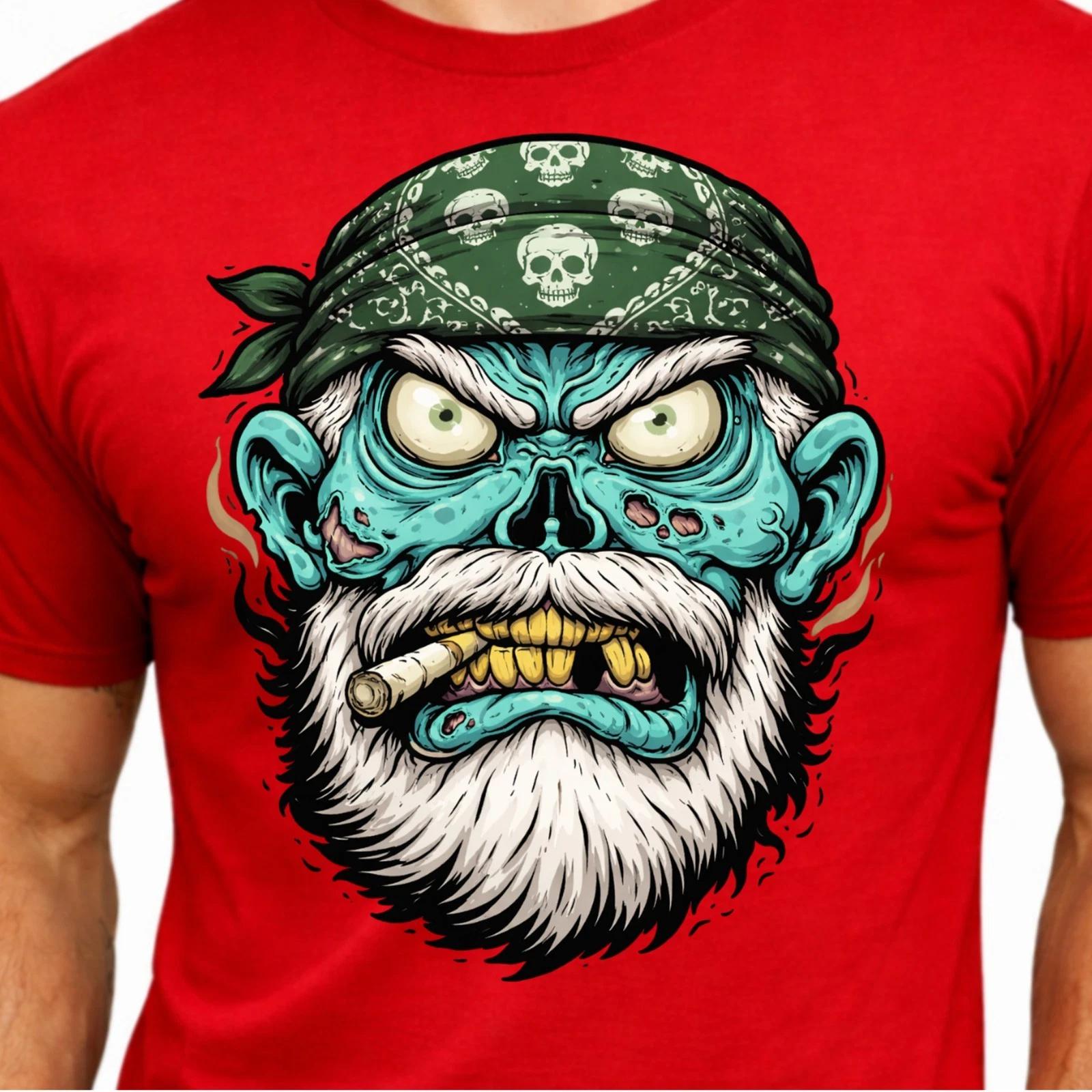 Zombie Biker Face Bandana Cigar Creepy Skull Horror Streetwear Graphic T-Shirt. S