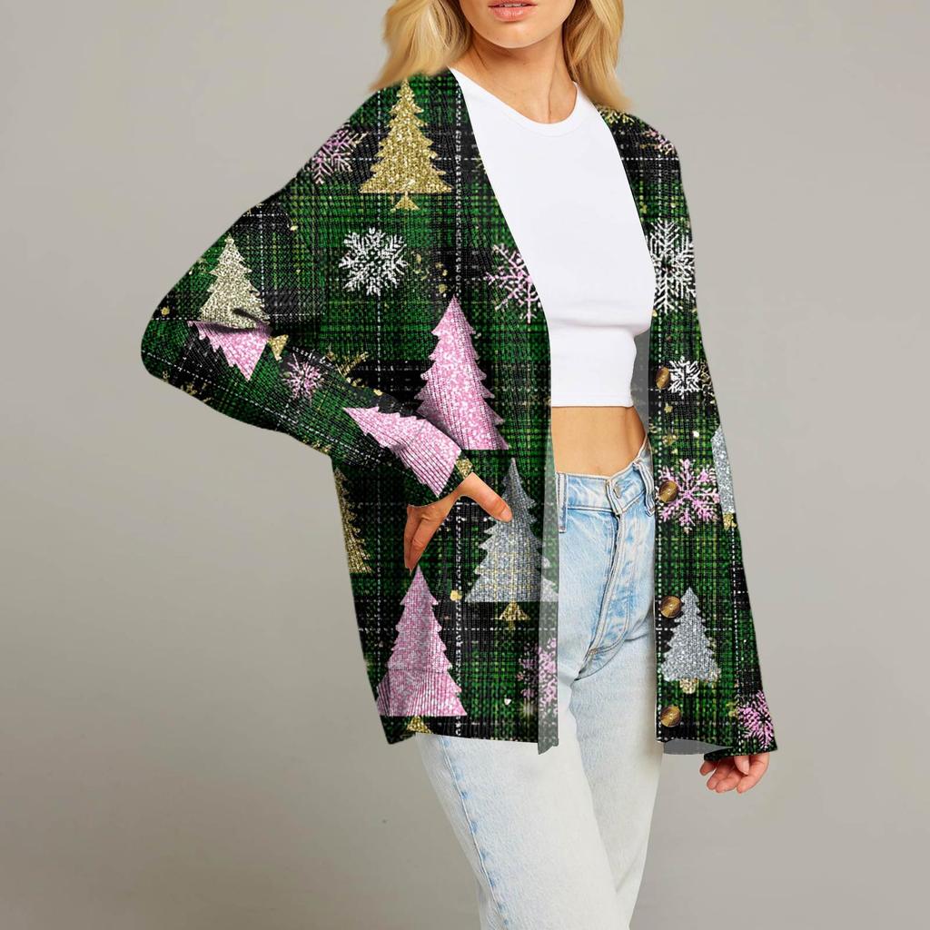 Women's Fashion Long Sleeve Christmas Print V-Neck Button Loose Cardigan Top