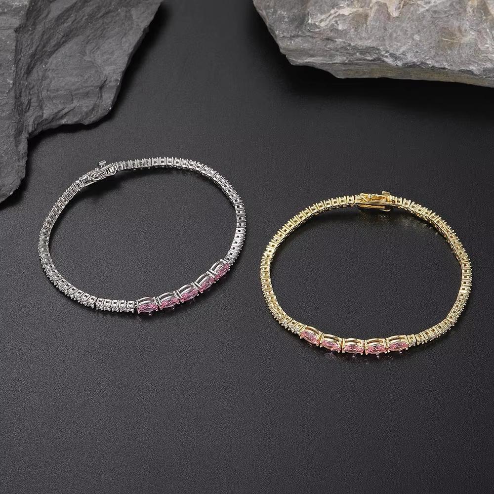 Rosa Oval Messing Mikro-Pavé Zirkonia Tennisarmband Damen Glänzend Bling Mode Handgelenkkette Schmuck