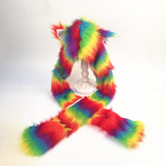 Women Hat Rainbow Color Imitation Fur 3 in 1 Hat Scarf Gloves Winter Warm Hat Home Outdoor Work Street Wear