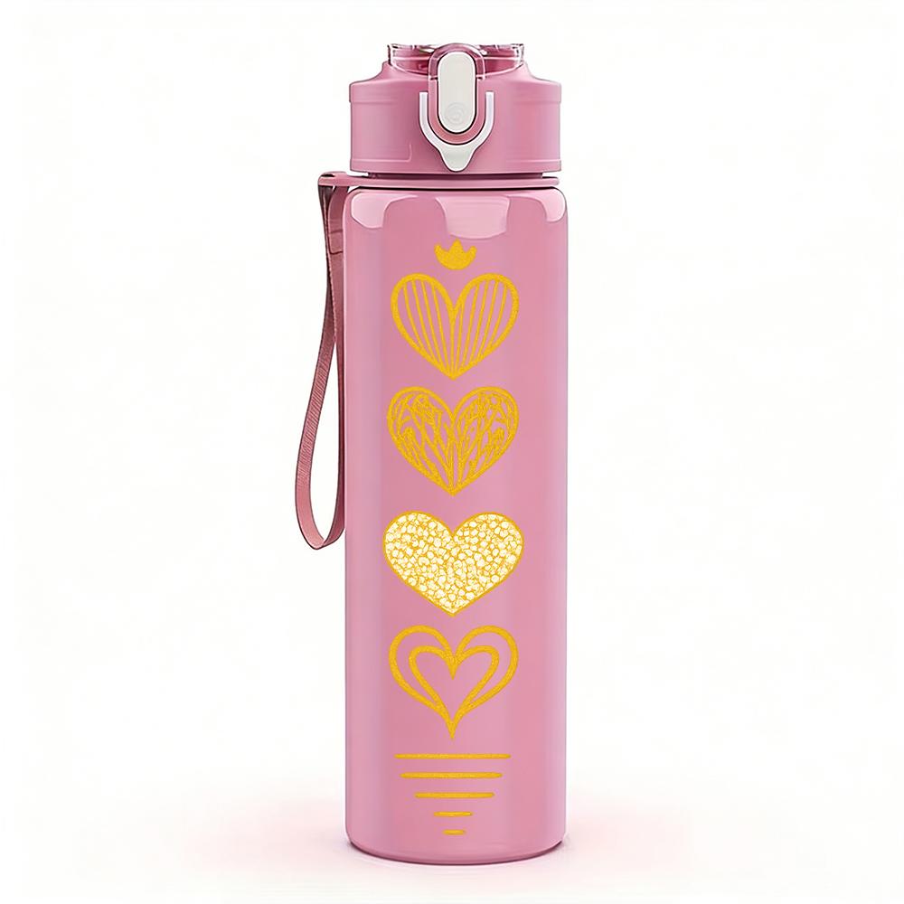 1PC Stack Golden Heart Silhouette 750ml Color Plastic Sports Water Bottle Leakproof Flip Straw Lid For Sports Office Home Use