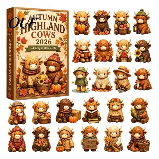 Zestaw Ozdób na Święto Dziękczynienia Boże Narodzenie Krowa Szkocka Kalendarz Adwentowy, 24 Urocze 3D Kolekcjonerskie Mini Figurki Kalendarza Odliczania Jesiennych Żniw, Wiejski