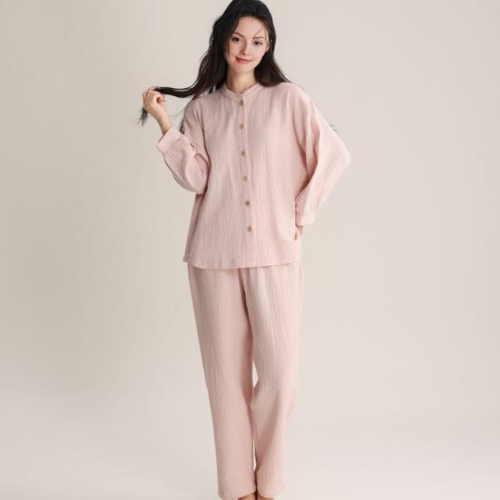 Women's Cotton Pajama Set Button Down Long Sleeve Top And Long Pants Loungewear Set Casual