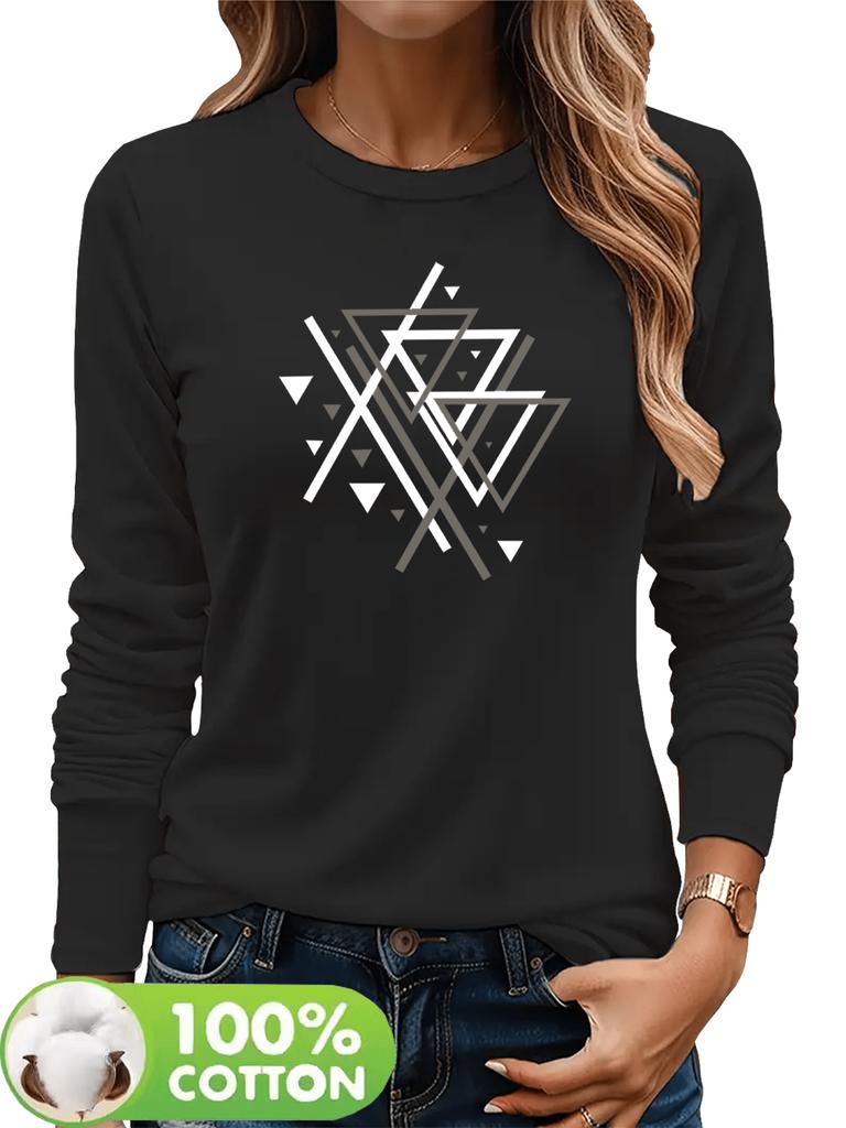 Spring and Autumn Women's 100% Cotton Fashion Casual Loose Butterfly Pattern Print Round Neck Long Sleeve T-shirt Base Shirt