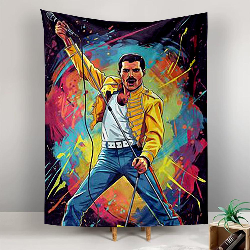Wandteppich Freddie Mercury Gelbe Jacke Pop Art Farbspritzer Rock Poster Wandbehang