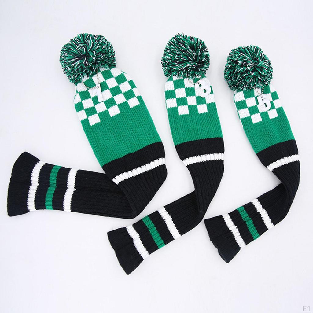 3Pcs Knit Wood Golf Club Covers No. Tags 1 3 5 Long Neck Sock Soft Washable Checkerboard Pattern Set