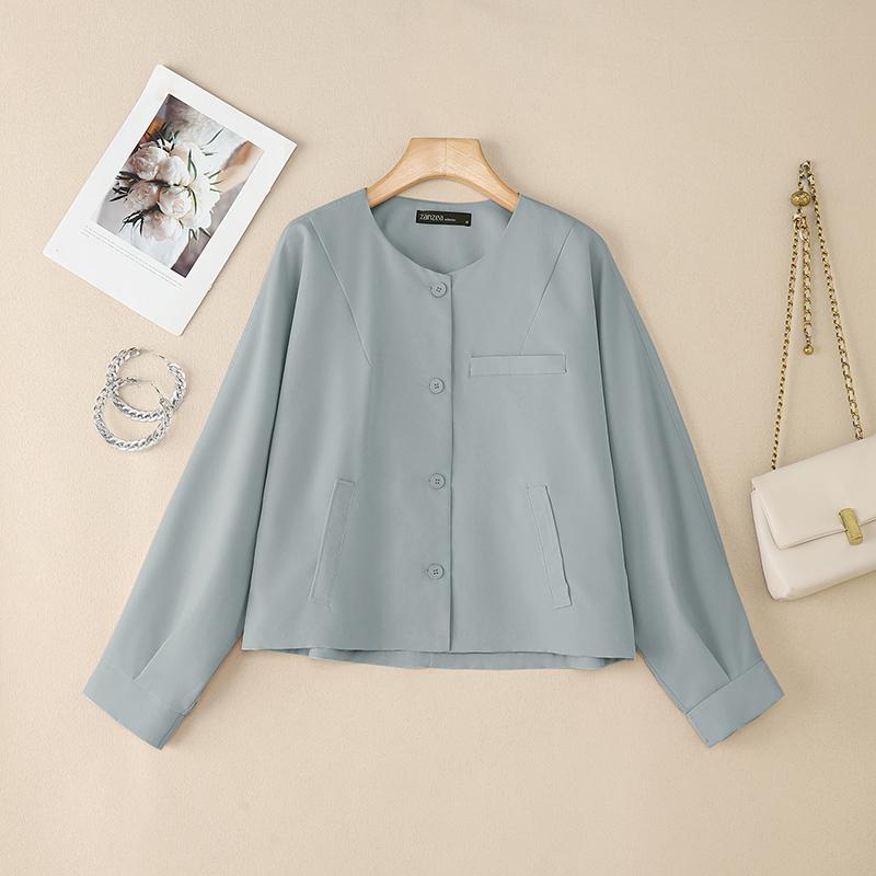 ZANZEA Women Casual Round Neck Solid Color Long Sleeve Blouse