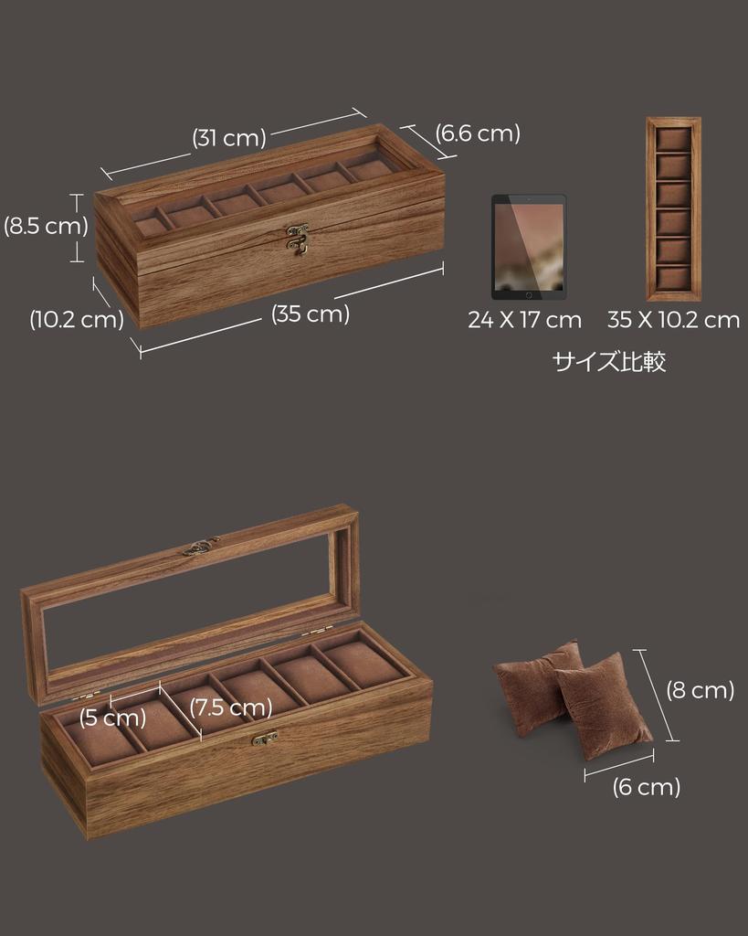 SONGMICS Wooden Watch Case for 6 Collection Case with Clear Watch Accessory Stylish Day Gift for Men and Birthday JOW006K01 Watches, Window, Box,