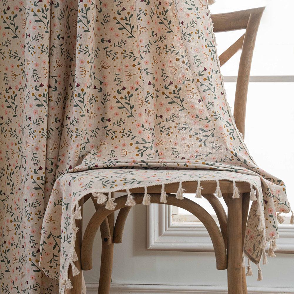Polyester Cotton Printed Fringe Curtains Semi-Blackout Windows Curtains With Tassels Cotton Linen Curtains Panels For Bedroom