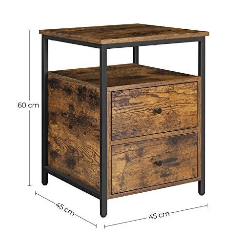Mesita de noche, mesita de noche, mesa auxiliar, 45 x 45 x 60 cm, estante abierto, 2 cajones, para sala de estar, dormitorio, industrial, rústico