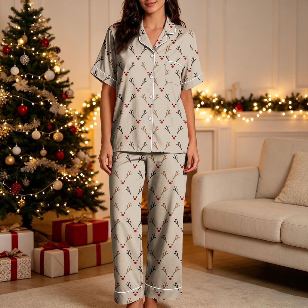Women's Christmas Print Pajama Set with Short Sleeve Shirt and Pants - Sleepwear Outfit