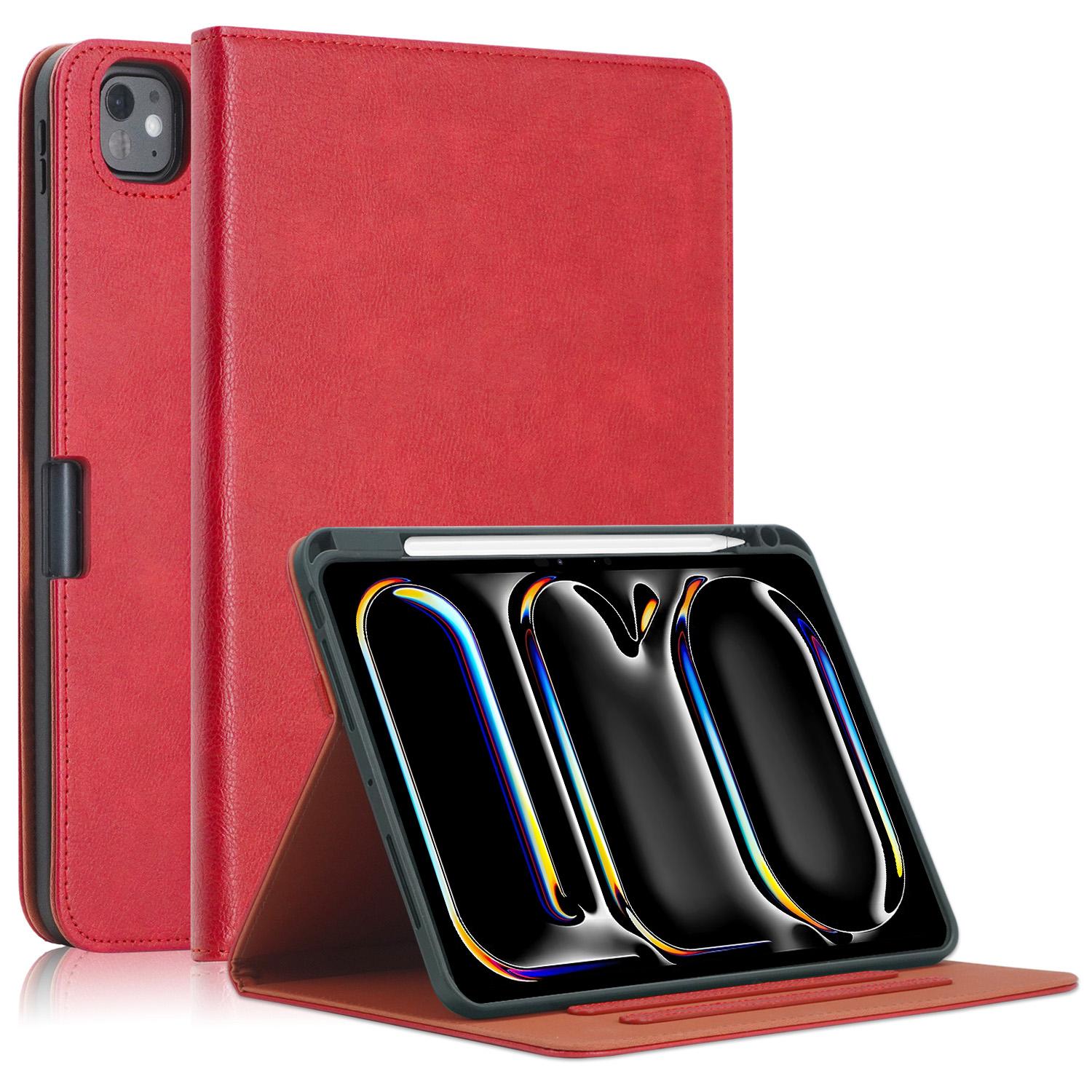 

For iPad Pro 11 (2024) Case Stand PU Leather Smart Protective Cover with Pen Holder Red