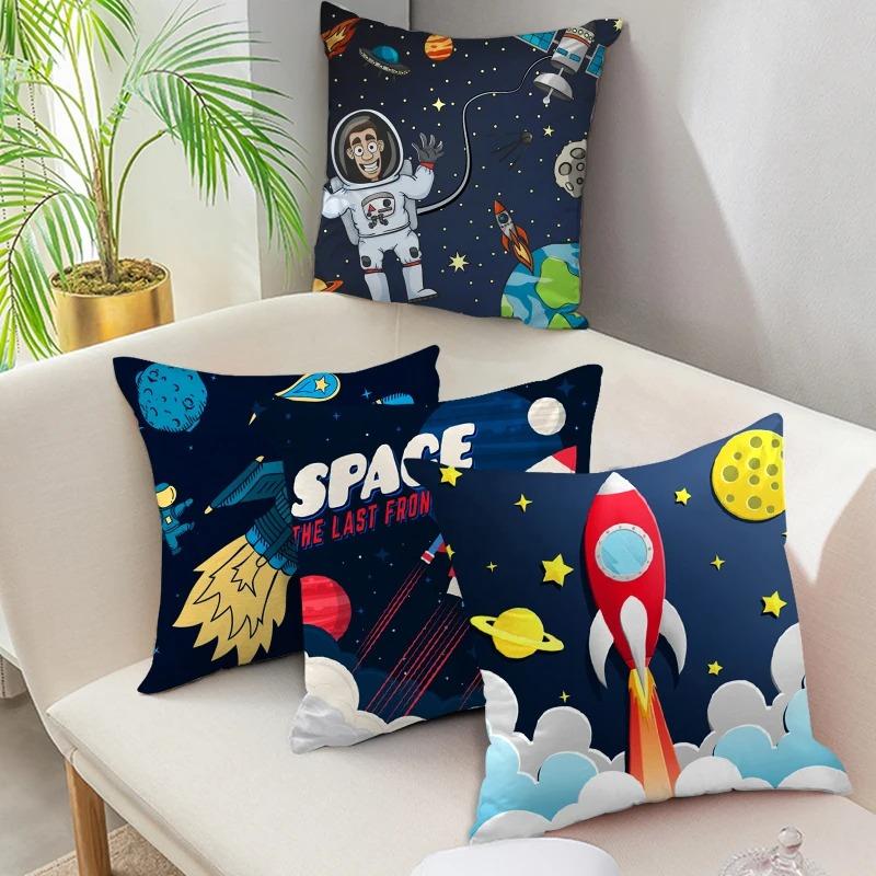 Cartoon Astronaut & Rakete Raumschiff Kissenbezug Deko Weltraum-Thema Kissenhülle für Sofa Schlafzimmer, Galaxie-Druck Kissenbezug