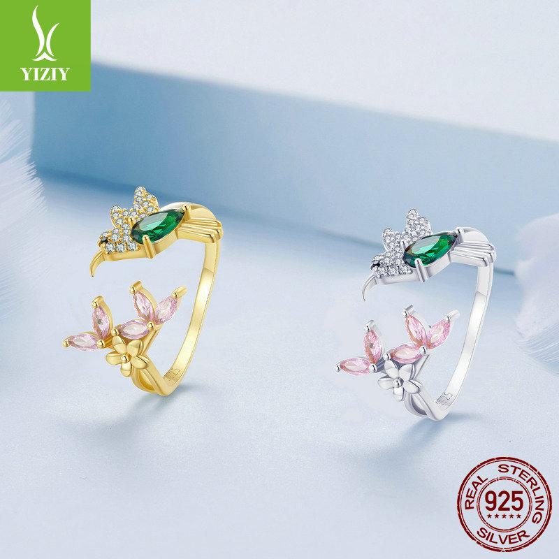 Hummingbird With Flower Ring Opening, Colorful Zircon Bird Plated S925 Silver Ring