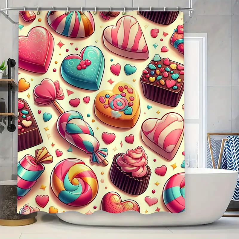 Cute Candy And Chocolate Design Waterproof Shower Curtain For Modern Bathroom Decor, Stylish And Durable, Perfect For Home