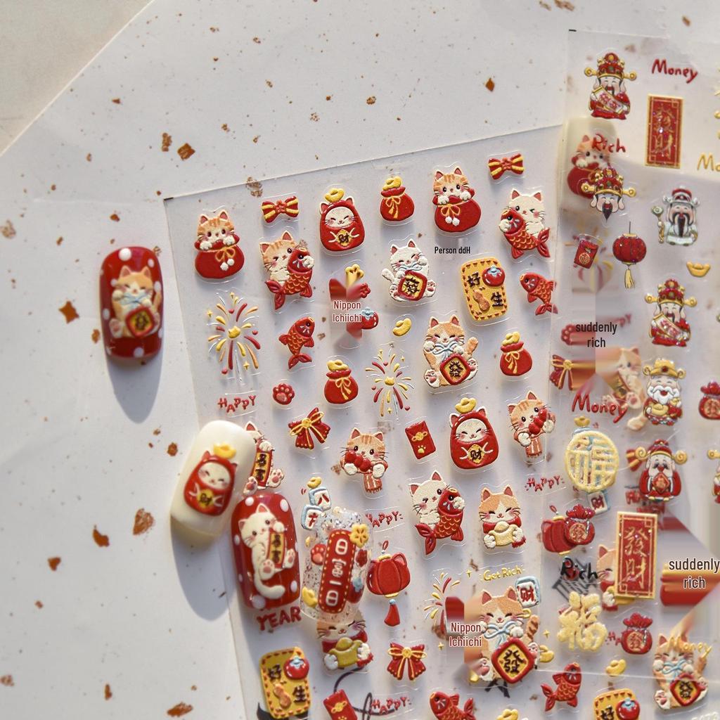 Festive Chinese Style Lucky Cat & God of Wealth Nail Art Stickers