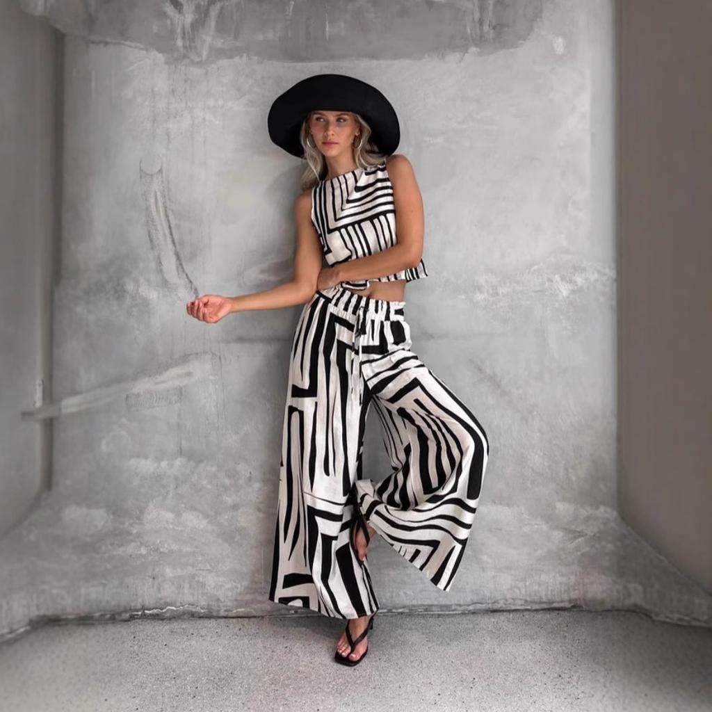 2025 Summer New Geometric Printing Casual Loose Vest Wide-leg Straight Pants Set