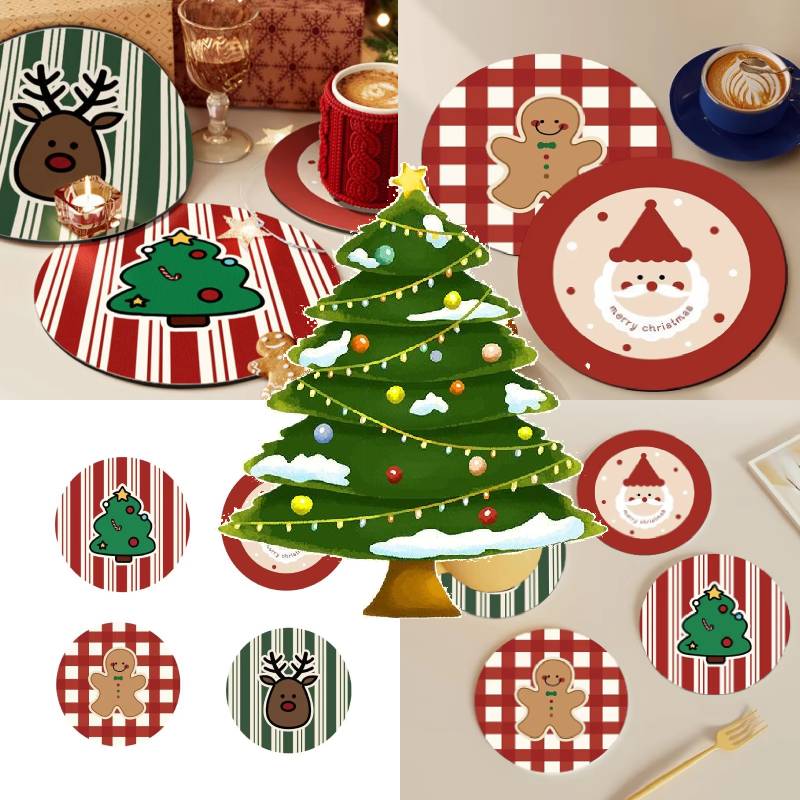Christmas Tree Holiday Coasters Pvc Santa Claus Gingerbread Man Drink Coasters Durable Heat Resistant Cup Placemat Home Decor