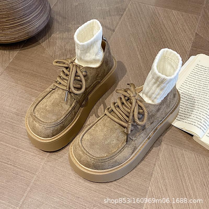 Fairy Wind Thick Bottom Lace-Up Lovely Girl 2025 Autumn Vintage Casual Muffin Lace-Up Large Size Commuter Shoes Woman