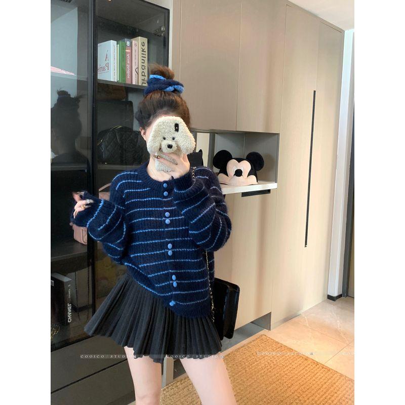 

Kumikumi Sweet Style Retro Stripe Contrast Color Long sleeve Sweater Women Autumn Loose Slimming Niche Age Reducing Top Navy Stripes One size