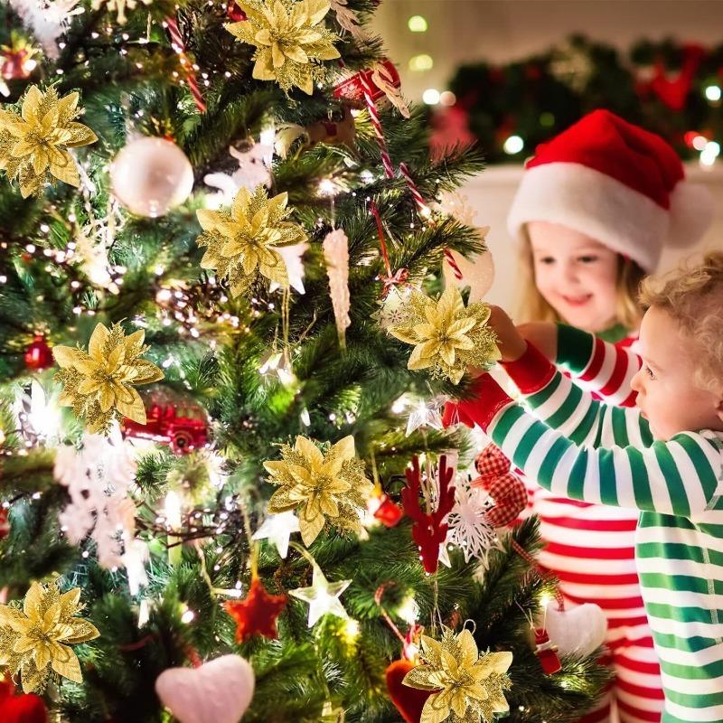 10/50pcs Artificial Glitter Christmas Flowers for Xmas Tree Ornament Fake Flower Floral New Year Party Home Decoratio