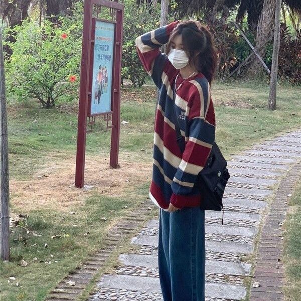 Lazy Style Sweater with Loose and High-end Knitted Stripes Women's College Style Versatile Striped Long Sleeved Top Trendy