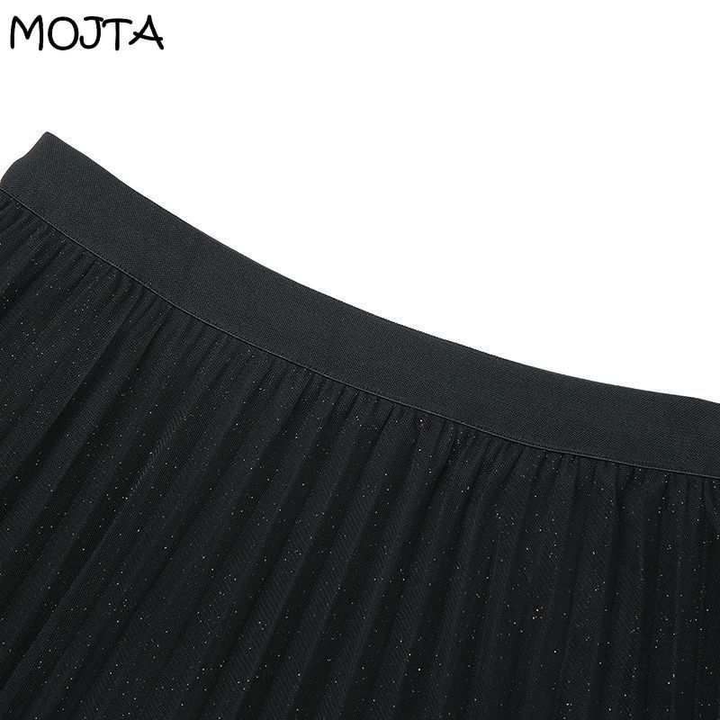 Spring Summer Women's Midi Mesh Lace Pleated Skirt Female Skirt High Waist Solid Slim Mid-length A-line Pleated Skirt