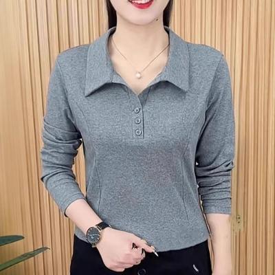 New Spring/Autumn 2025 Fashion Solid-color Lapel Long-sleeved T-shirt, Women's Embroidered Slimming Base Shirt Top