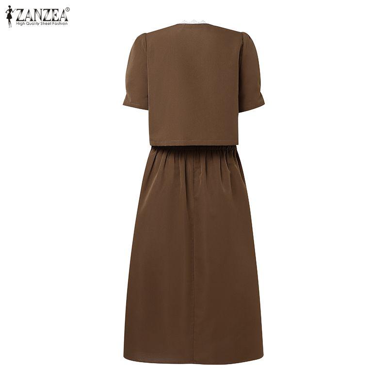 ZANZEA Women Short Sleeve Lace Splice Blouse and Long Skirts Summer Two Piece Suit Sets