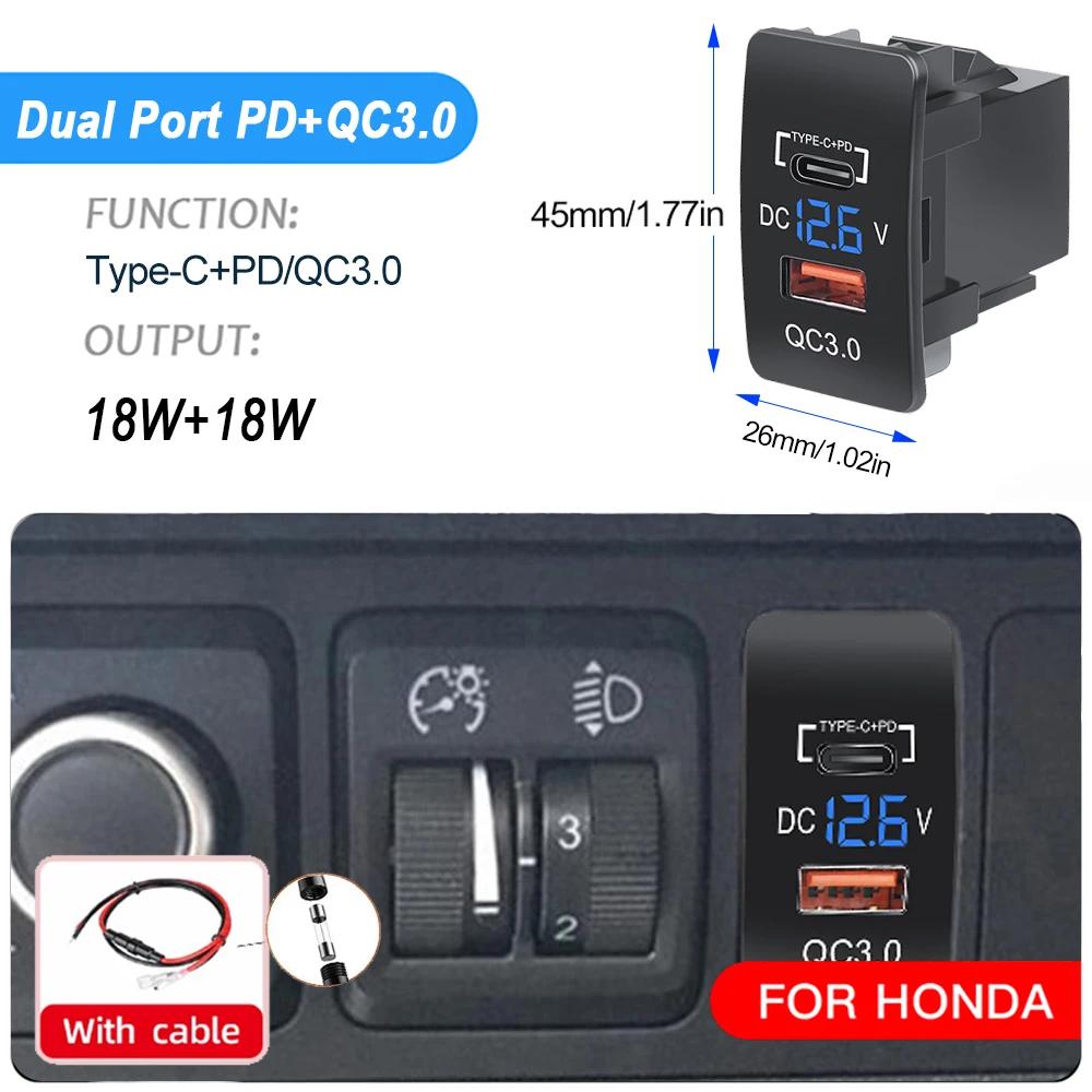 QC3.0 USB PD Typ-C Autoladebuchse Schnellladeanschluss Auto-Adapter mit LED-Voltmeter 37X24mm/45X26mm für Honda-Autos