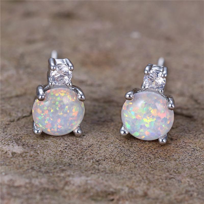 White Fire Opal Cute Blue Crystal Round Stone Earrings For Women Trendy Silver Color Wedding Accessory