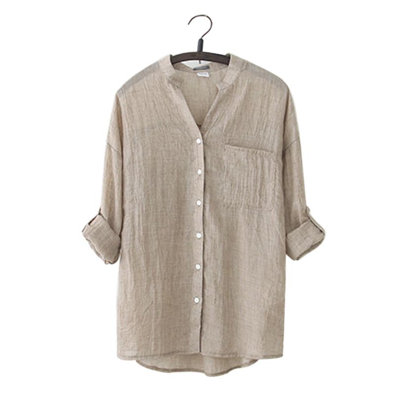 Women Autumn Tops Linen Button Down Loose Casual Career Shirt Long Sleeve Blouse