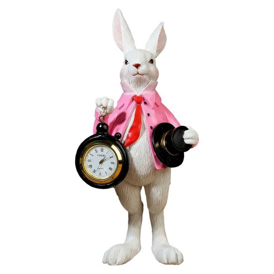 Пасхальный Заяц Часы Декор Смоляная Фигурка Кролика с Цилиндром и Карманными Часами Весенний Винтажный Заяц Статуэтка для Стола Полки Домашний Декор розовый