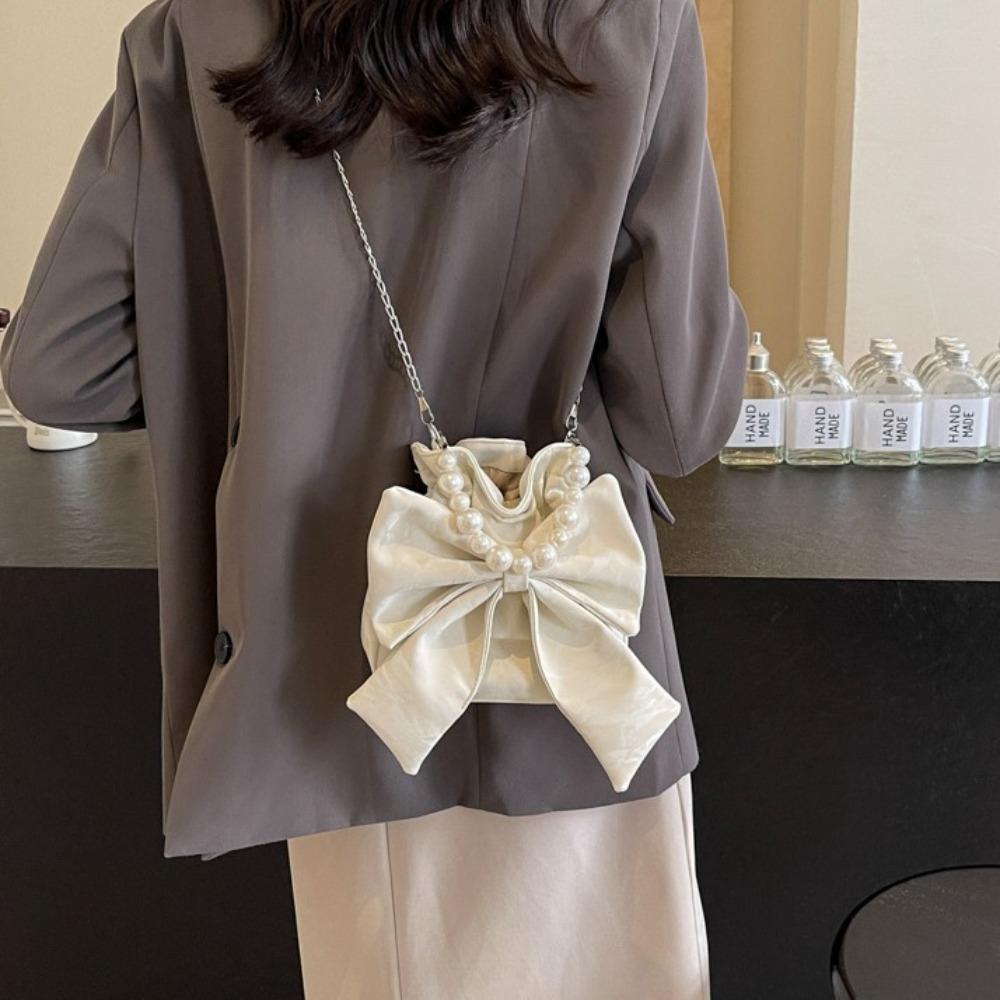 Pearl Chain Big Bowknot Shoulder Bag Elegant Crossbody Bag Fashion Drawstring Bucket Bag  Travel