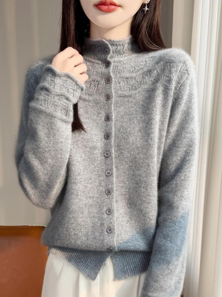 Velvet Knit Cardigan: Women's Half-High Collar, Thick Wave Pattern, Seven-Needle Crochet Sweater