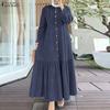 ZANZEA Women Casual Turn Down Collar Loose Long Sleeve Retro Long Dress