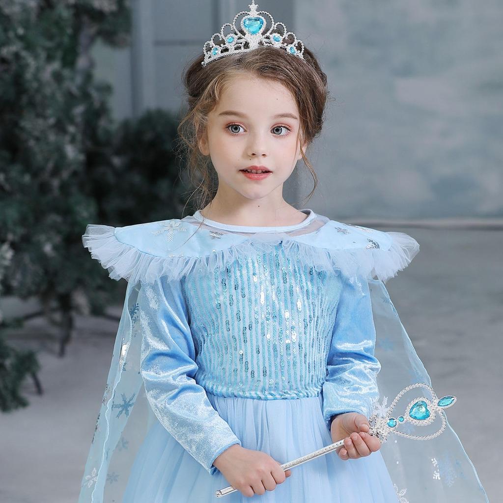 MANAMANA Princess and Costume Light Sizes and 130 cm Long Children's Dress, Tiara, Snowflake, Stick, Gloves, 4-Piece Set, Blue, Girls, 100, 110, 120,