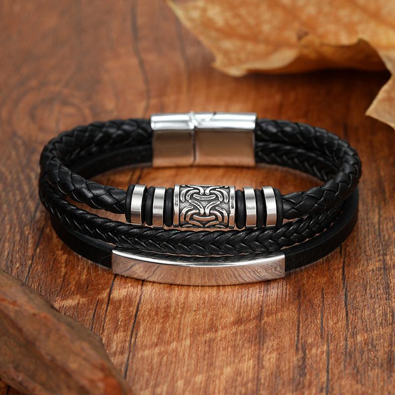 Handmade Geometric Pattern Braided Leather Rope Bracelet For Men Stylish Wristband Accessory