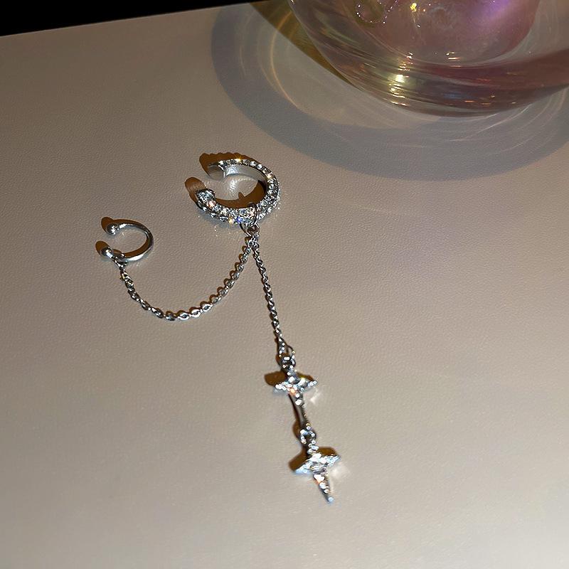 Silver Color Crystal Tassel Non-Piercing Cuff Ear Clip Earring For Women Shiny Rhinestone Chain Fake Cartilage Piercing Jewelry